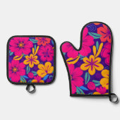 Kleurrijke Blooms-Dopamine Style-Retro bloemen Ovenwant & Pannenlap Set (Voorkant)