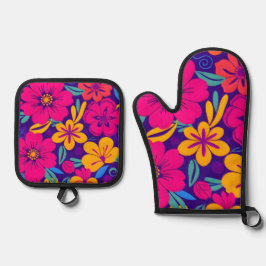 Kleurrijke Blooms-Dopamine Style-Retro bloemen Ovenwant & Pannenlap Set