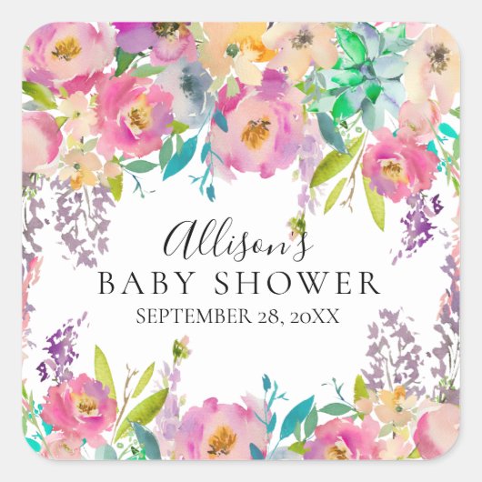 Kleurrijke Blooms Floral Baby shower Envelope Seal Vierkante Sticker (Voorkant)