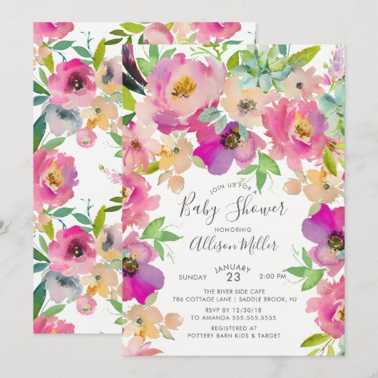 Kleurrijke Blooms Floral Baby shower Invitation Kaart (Voorkant / Achterkant)