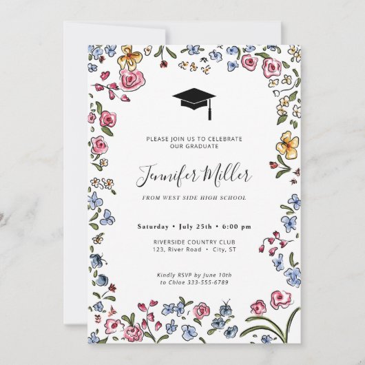 Kleurrijke blooms hand getrokken Graduation Party  Feestdagenkaart (Voorkant)