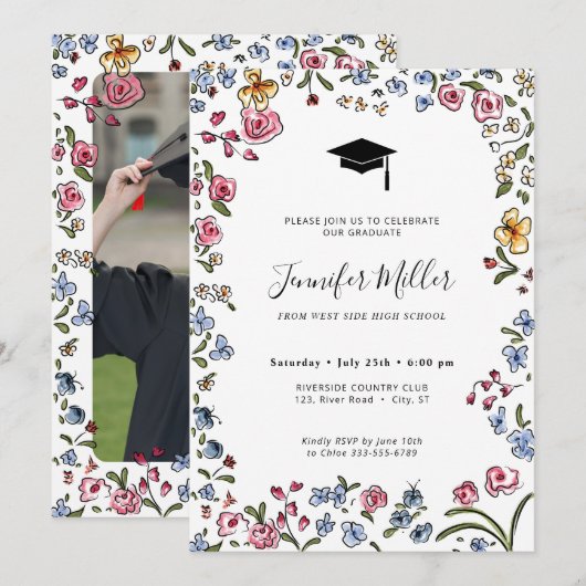 Kleurrijke blooms hand getrokken Graduation Party  Feestdagenkaart (Voorkant / Achterkant)