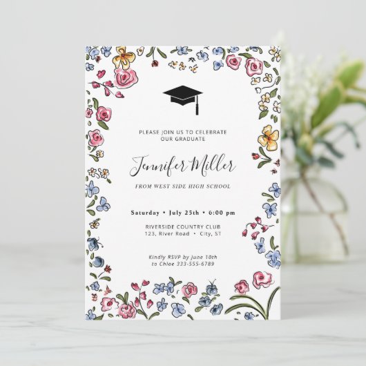 Kleurrijke blooms hand getrokken Graduation Party  Feestdagenkaart (Staand voorkant)