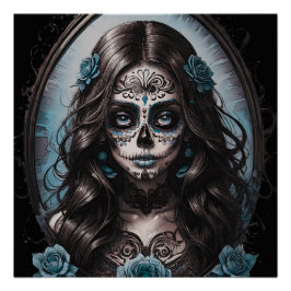 Kleurrijke Blue Sugar Skull dame gedaan in roze. Perfect Poster