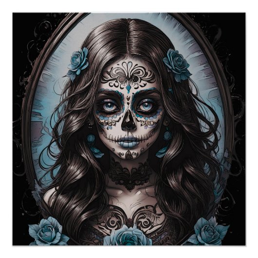 Kleurrijke Blue Sugar Skull dame gedaan in roze. Perfect Poster (Voorkant)