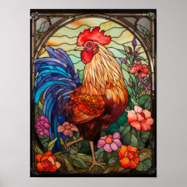 Kleurrijke boerderij met glas-in-loodraam met haan poster