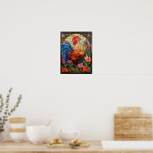Kleurrijke boerderij met glas-in-loodraam met haan poster (Keuken)