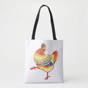 Kleurrijke boerderijkip uit de oude doos van de bo tote bag