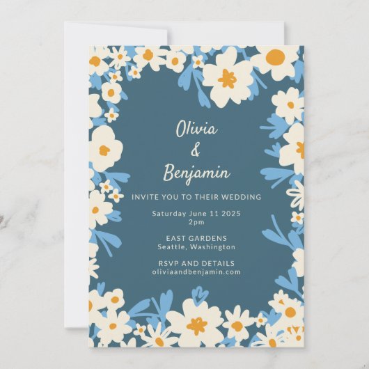 Kleurrijke Boho Blauw Geel Wit Bloemen Bruiloft Kaart (Voorkant)