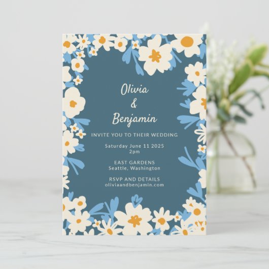 Kleurrijke Boho Blauw Geel Wit Bloemen Bruiloft Kaart (Staand voorkant)