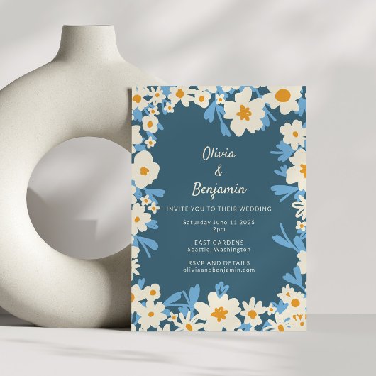 Kleurrijke Boho Blauw Geel Wit Bloemen Bruiloft Kaart