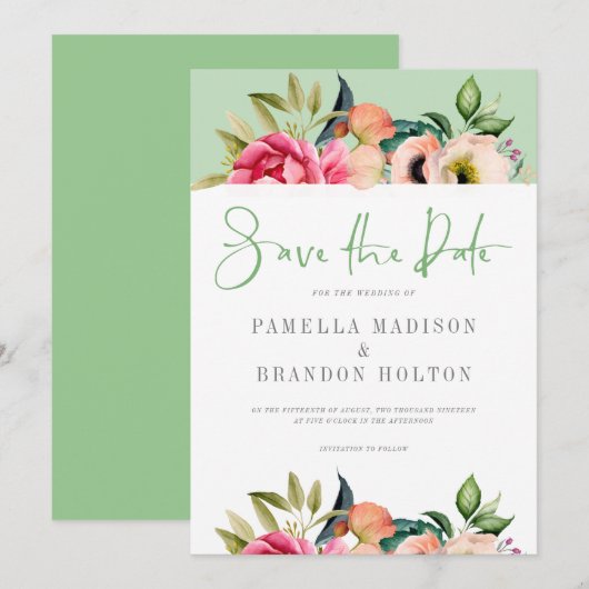 Kleurrijke boho bloemen Bewaar de Datum Typografie Kaart (Voorkant / Achterkant)