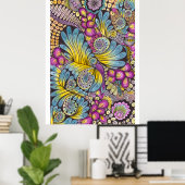Kleurrijke Boho Bloemige Veer Doodle Kunst Poster (Thuiskantoor)