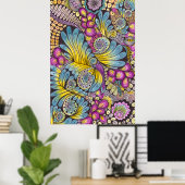 Kleurrijke Boho Bloemige Veer Doodle Kunst Poster (Thuiskantoor)