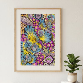 Kleurrijke Boho Bloemige Veer Doodle Kunst Poster