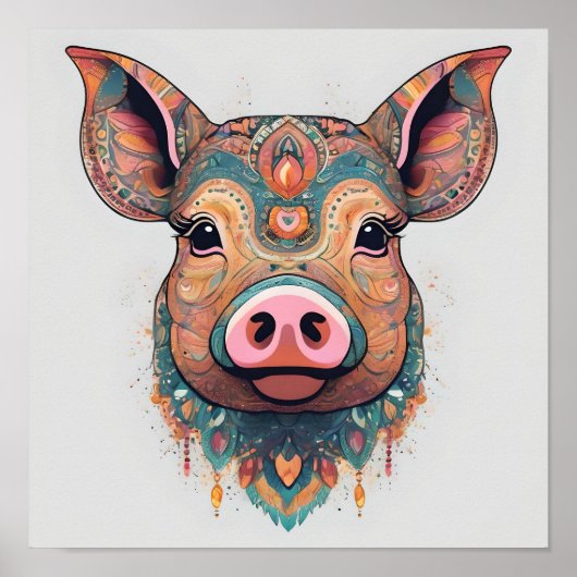 Kleurrijke Boho Bohemian Pig Whimsical Wall Art Poster (Voorkant)