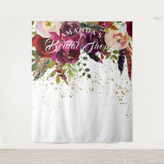 Kleurrijke Boho Bordeaux Bloem Bruidsdouche Achter Wandkleed (Voorkant)