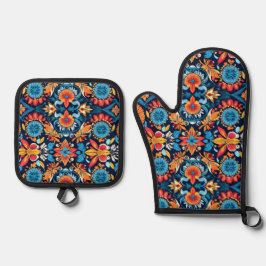 Kleurrijke Boho Floral Elegance: Levendige Mandala Ovenwant & Pannenlap Set
