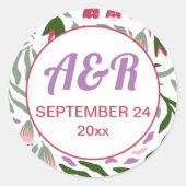 Kleurrijke boho folklore bloemen rond lijst bruilo ronde sticker (Voorkant)