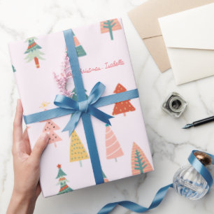 Kleurrijke Boho kerstbomen roze aangepaste naam Cadeaupapier