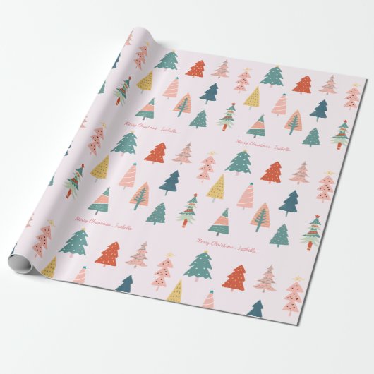 Kleurrijke Boho kerstbomen roze aangepaste naam Cadeaupapier (Uitgerold)