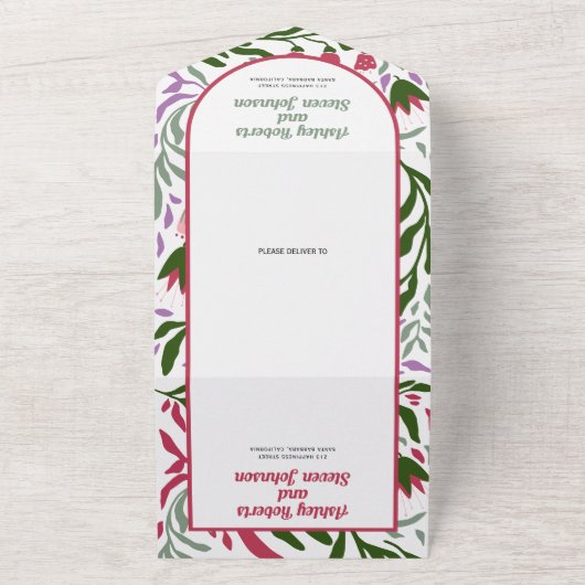 Kleurrijke boho retro boog en bloemen bruiloft all in one uitnodiging (Buitenkant)