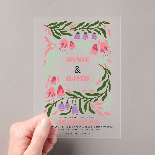 Kleurrijke boho retro takken en bloemen bruiloft acryl uitnodigingen (Insitu (Draagbaar))