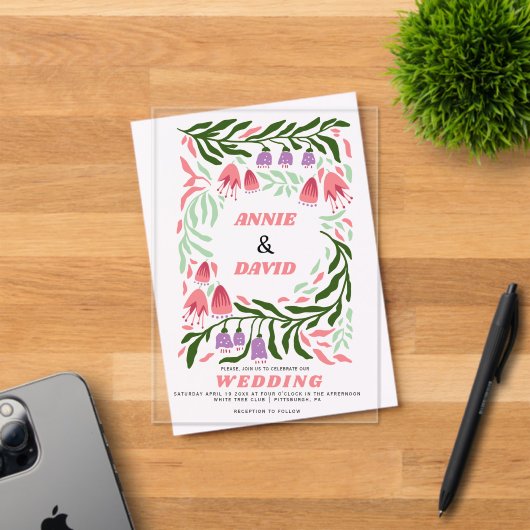 Kleurrijke boho retro takken en bloemen bruiloft acryl uitnodigingen (Insitu (Uitnodiging))