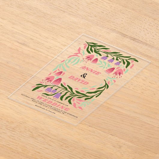 Kleurrijke boho retro takken en bloemen bruiloft acryl uitnodigingen (Laagn)