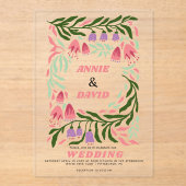 Kleurrijke boho retro takken en bloemen bruiloft acryl uitnodigingen (Voorkant)