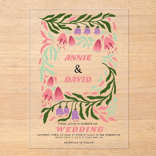 Kleurrijke boho retro takken en bloemen bruiloft acryl uitnodigingen (Voorkant)