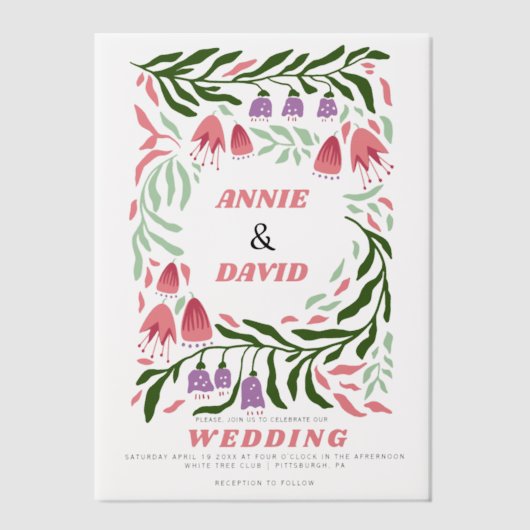 Kleurrijke boho retro takken en bloemen bruiloft vellum uitnodigingen (Voorkant)
