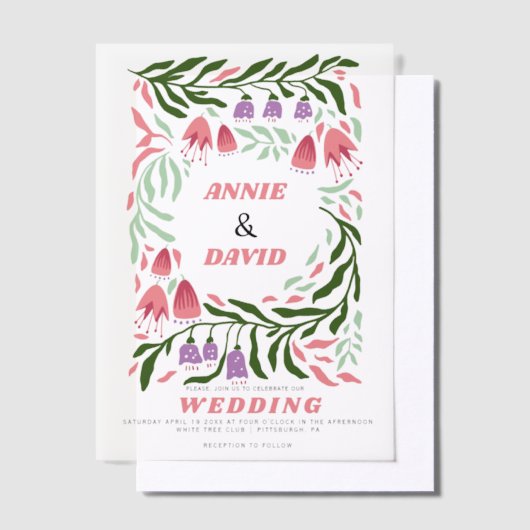 Kleurrijke boho retro takken en bloemen bruiloft vellum uitnodigingen (Offset)