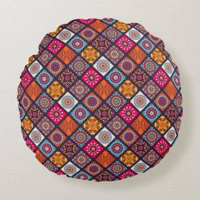kleurrijke boho - stijl rond kussen (Voorkant)