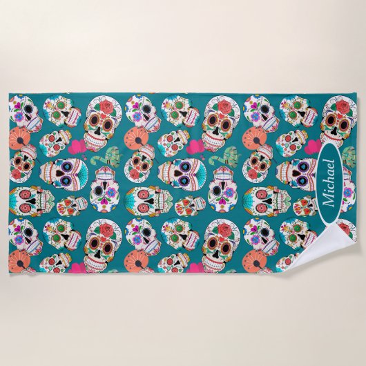 Kleurrijke Boho Sugar Skulls gepersonaliseerd Strandlaken (Voorkant)