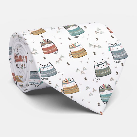Kleurrijke Boho Tribal Funny Cat Stropdas (Opgerold)