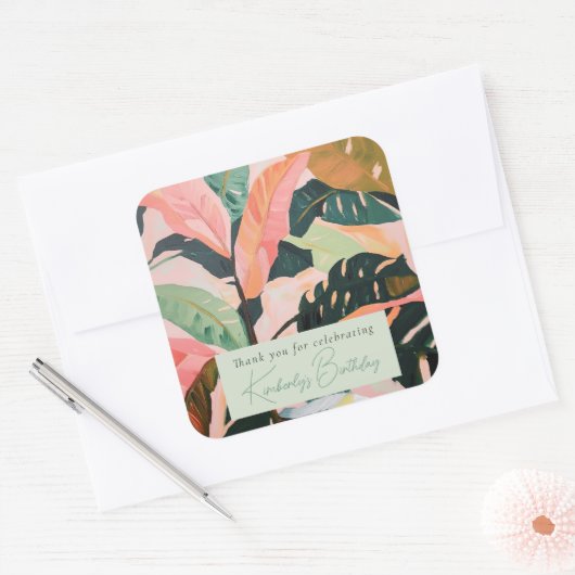 Kleurrijke Boho Tropical Palm Verjaardagsfeest Vierkante Sticker (Envelop)