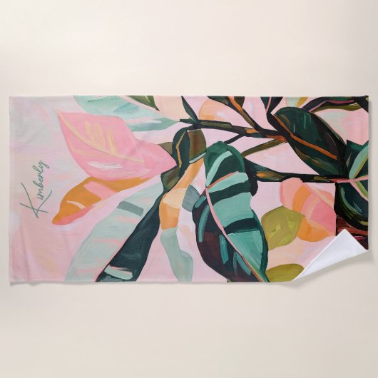 Kleurrijke Boho Tropisch Loof Palm Aangepaste Naam Strandlaken (Voorkant)