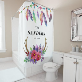 Kleurrijke Boho Veren en Bloemen Aangepaste Famili Douchegordijn