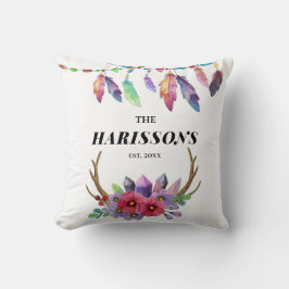 Kleurrijke Boho-veren en bloemen Aangepaste gezfam Kussen