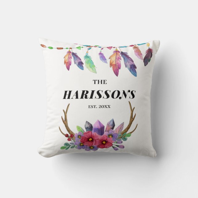 Kleurrijke Boho-veren en bloemen Aangepaste gezfam Kussen (Voorkant)