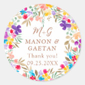 Kleurrijke Boho Waterverf Bloemen Huwelijksgunst Ronde Sticker (Voorkant)