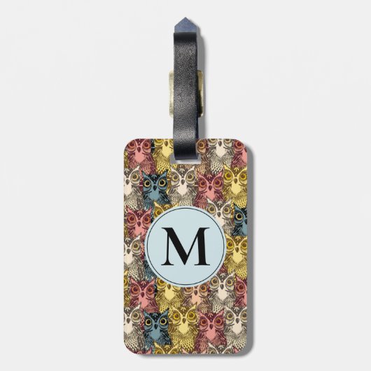 Kleurrijke Boho Woodland Uil Patroon & Monogram Bagagelabel (Achterkant verticaal)