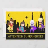 ** Kleurrijke Bold SUPERHEROS Kids Verjaardagsfees Kaart (Voorkant)