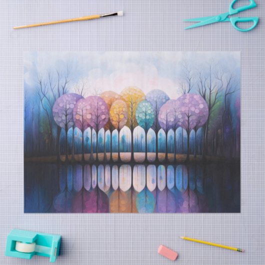 Kleurrijke Bomen Rustige Water Reflectie Decoupage Tissuepapier (Craft)