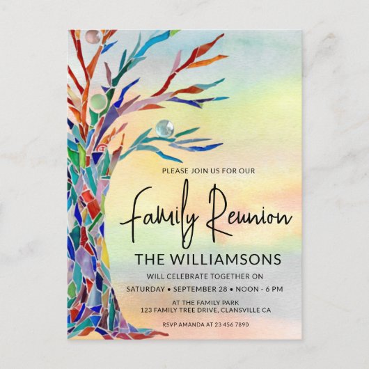Kleurrijke boom familie reünie uitnodiging briefkaart (Voorkant)