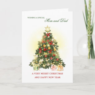 Kleurrijke boom met cadeaus Mam en Pap Kerstmis Feestdagen Kaart