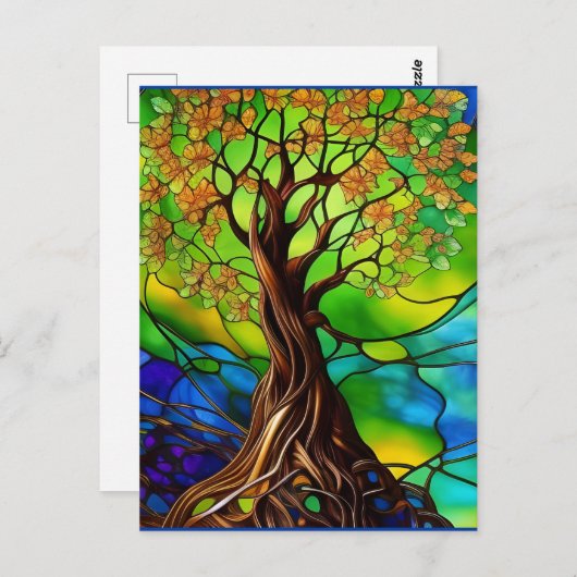Kleurrijke boom van het Glas in lood van het Leven Briefkaart (Voorkant / Achterkant)
