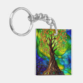 Kleurrijke boom van het Glas in lood van het Leven Sleutelhanger (Voorkant Links)
