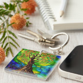 Kleurrijke boom van het Glas in lood van het Leven Sleutelhanger (Voorkant Rechts)
